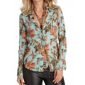NEW CINO crinkle button front floral blouse in azul polynesia
